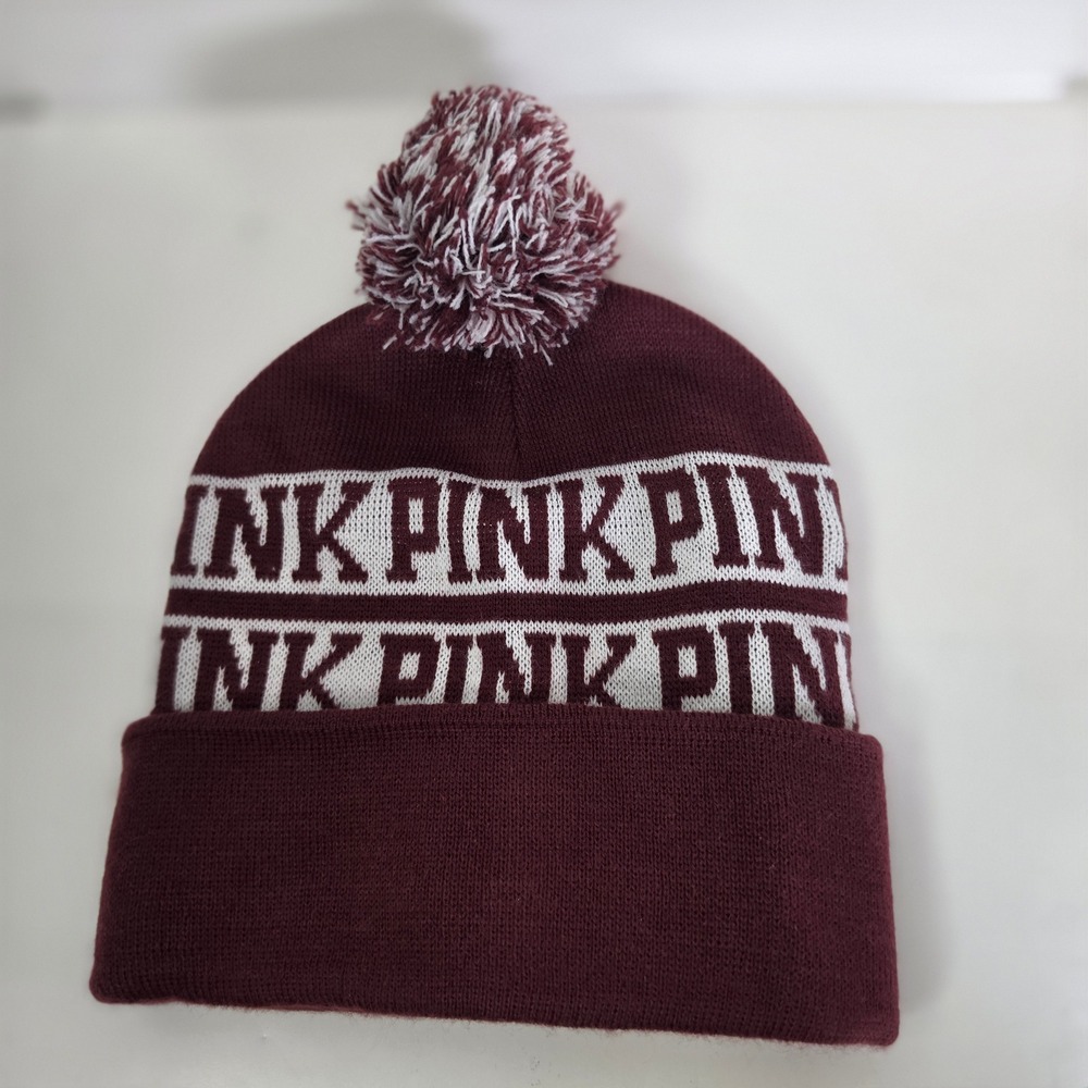 Victorias Secret PINK Beanie Hat Maroon Burgundy Knit Pom Pom Cuffed Womens